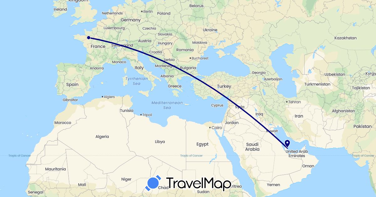 TravelMap itinerary: driving in France, Qatar (Asia, Europe)